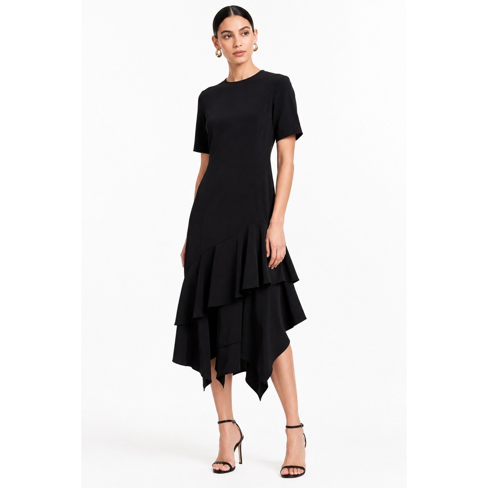 HM Womens Black Short Sleeve Asymmetric Ruffle Hem Midi Dress XS NWT